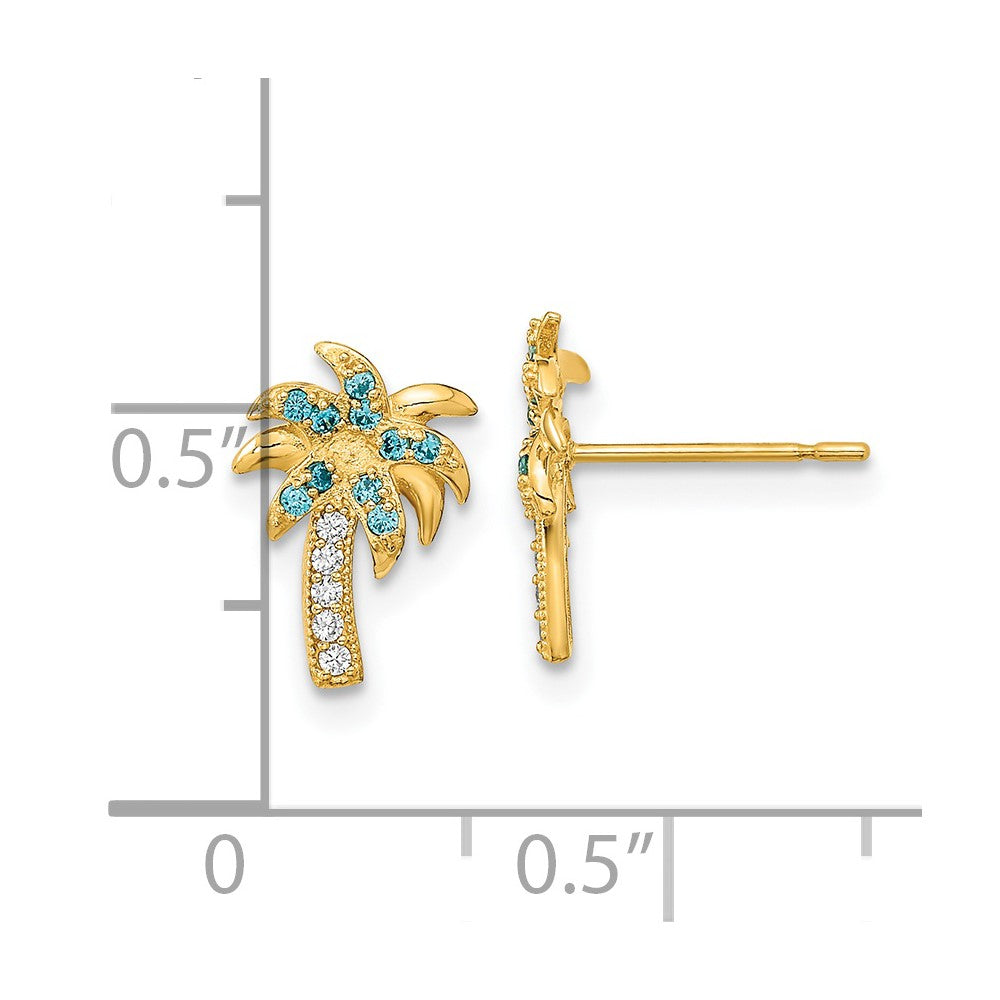 14k Madi K Blue and Clear CZ Palm Tree Childrens Post Earrings