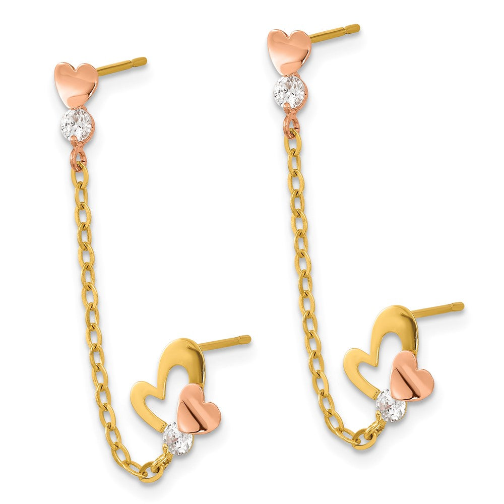 14k Madi K Two-tone CZ and Heart Double Post with Chain Single Earring