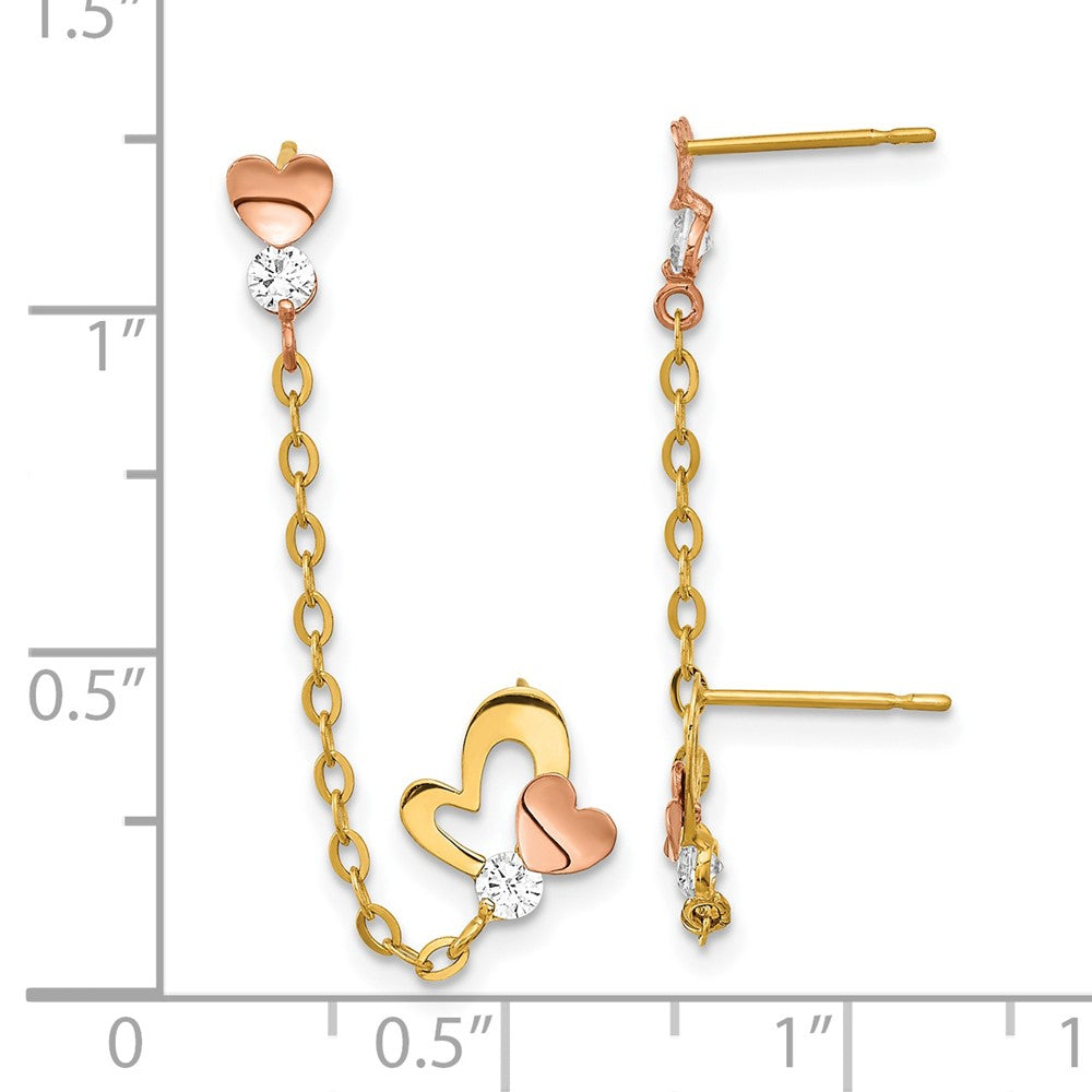 14k Madi K Two-tone CZ and Heart Double Post with Chain Single Earring