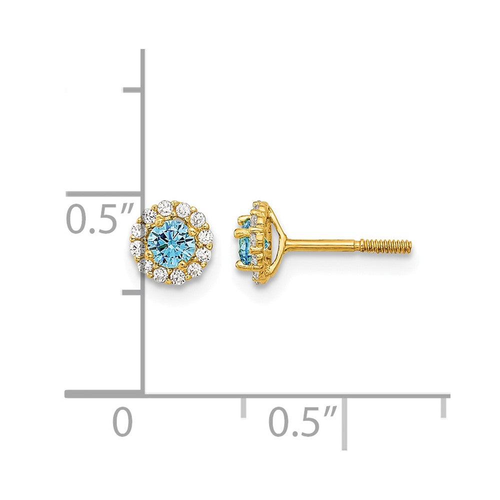 14k Madi K Polished 3mm Round Blue and Clear CZ Halo Screwback Post Earrings