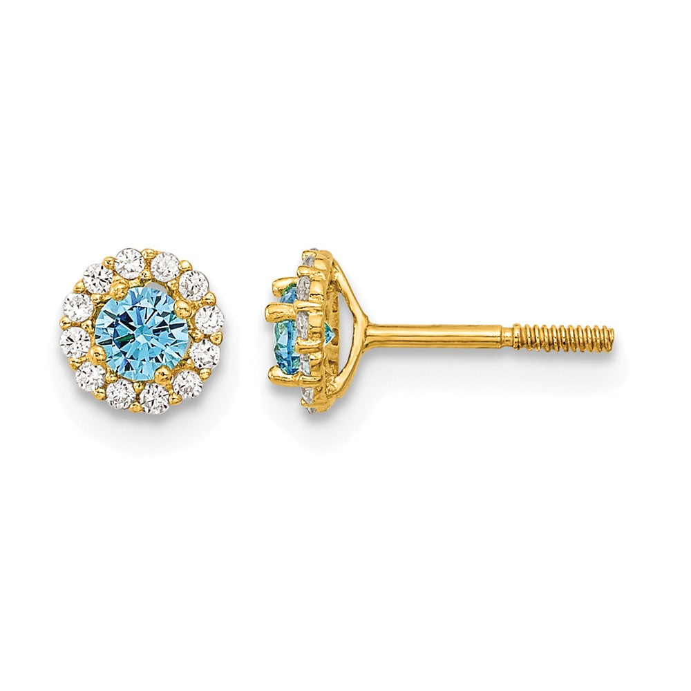 14k Madi K Polished 3mm Round Blue and Clear CZ Halo Screwback Post Earrings
