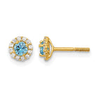 14k Madi K Polished 3mm Round Blue and Clear CZ Halo Screwback Post Earrings