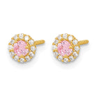 14k Madi K Polished 3mm Round Pink and Clear CZ Halo Screwback Post Earrings