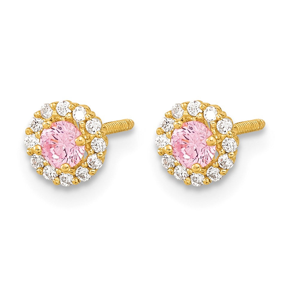 14k Madi K Polished 3mm Round Pink and Clear CZ Halo Screwback Post Earrings