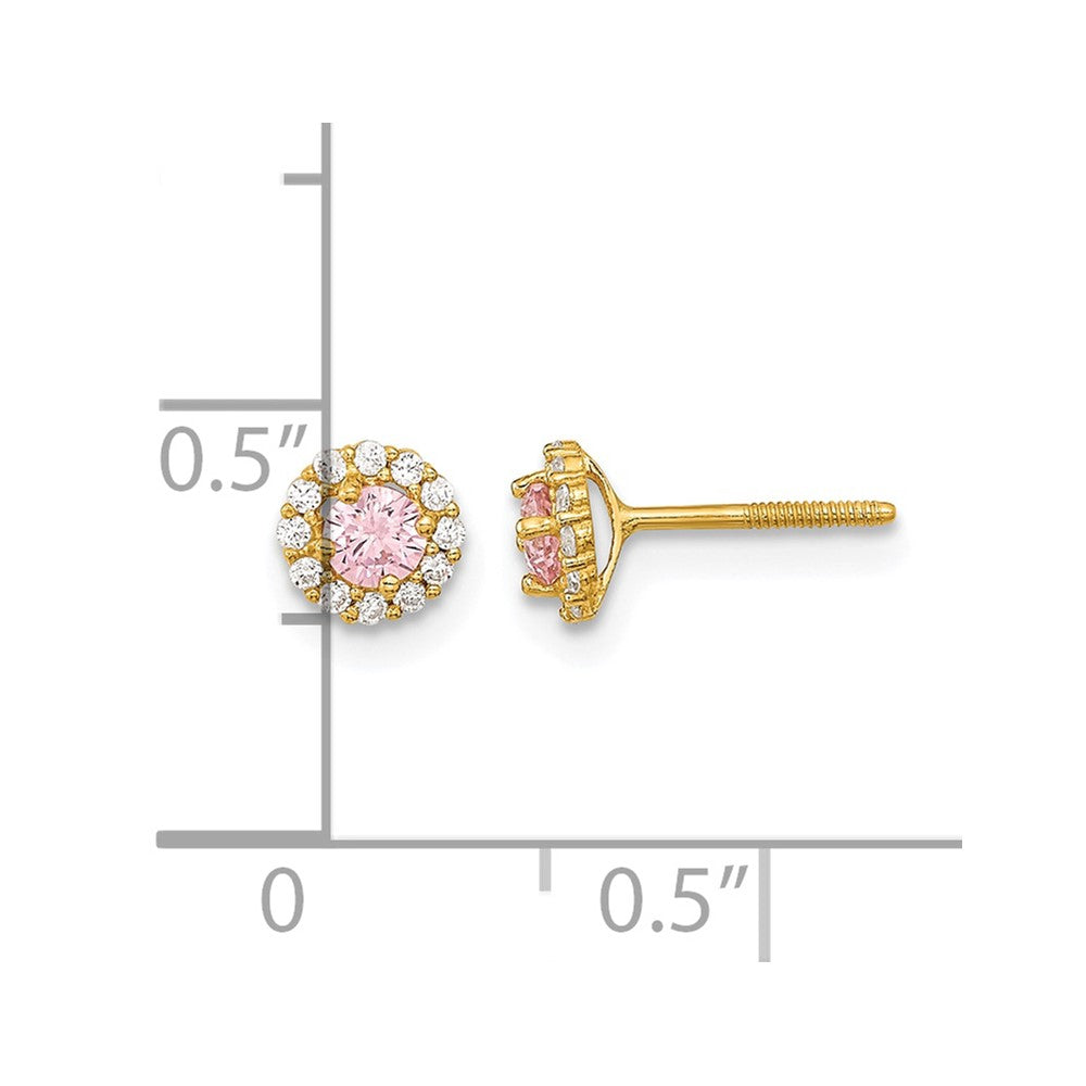 14k Madi K Polished 3mm Round Pink and Clear CZ Halo Screwback Post Earrings