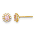 14k Madi K Polished 3mm Round Pink and Clear CZ Halo Screwback Post Earrings