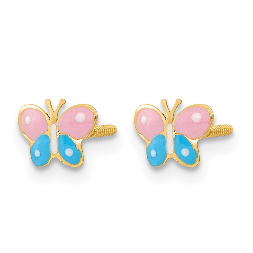 14k Madi K Polished Pink and Blue Enameled Butterfly Childrens Screwback Post Earrings