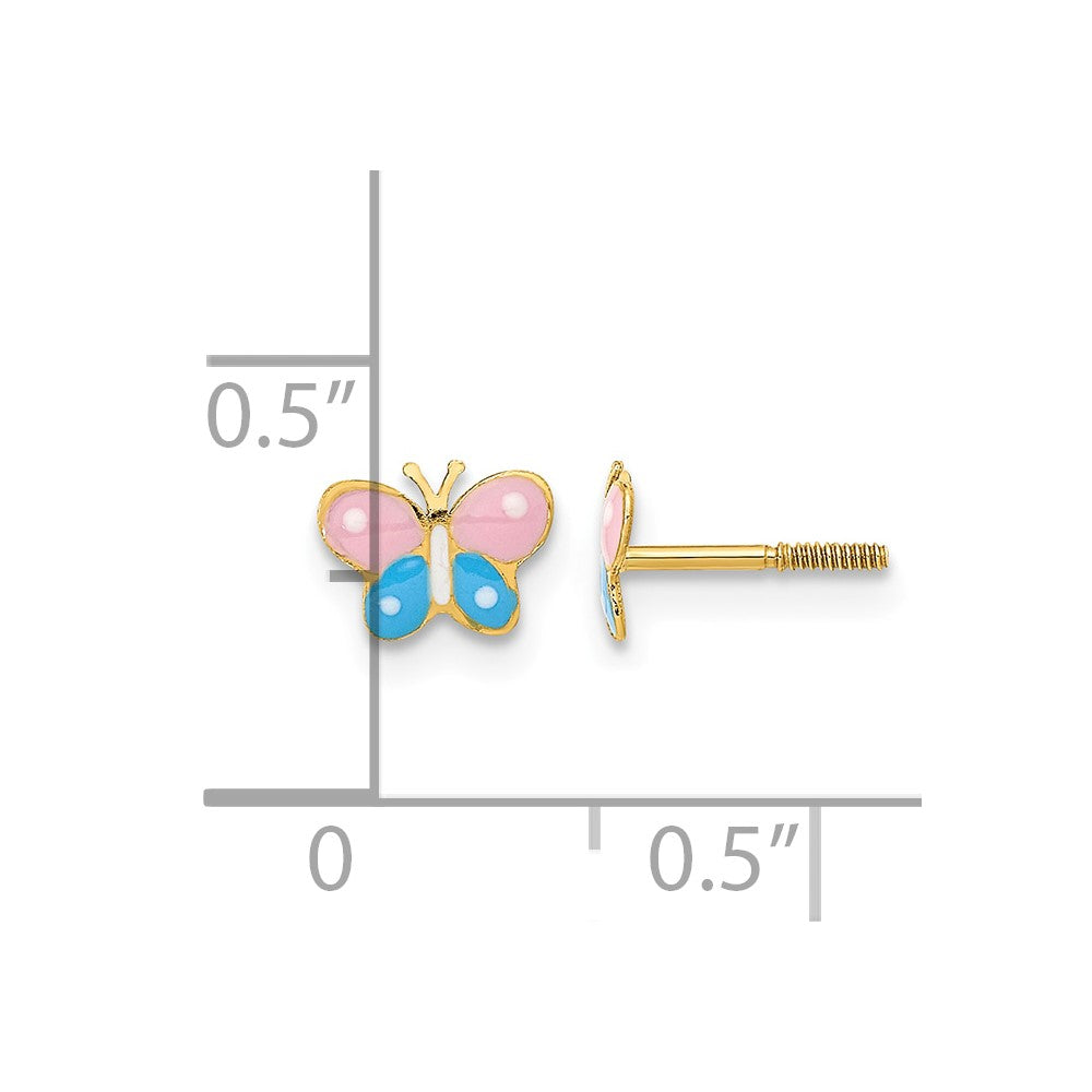14k Madi K Polished Pink and Blue Enameled Butterfly Childrens Screwback Post Earrings