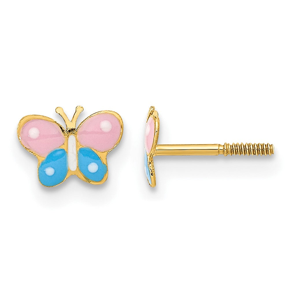 14k Madi K Polished Pink and Blue Enameled Butterfly Childrens Screwback Post Earrings