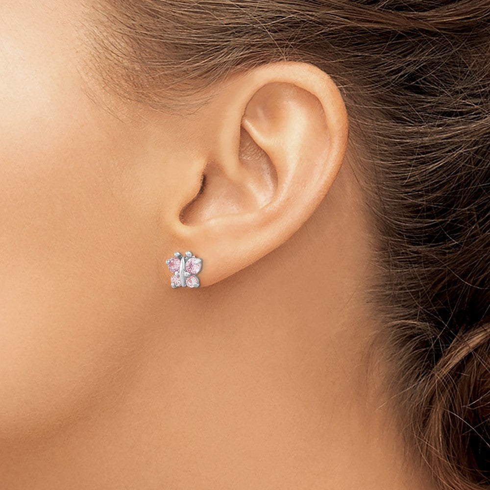 14k White Gold Madi K Polished Pink CZ Butterfly Childrens Screwback Post Earrings