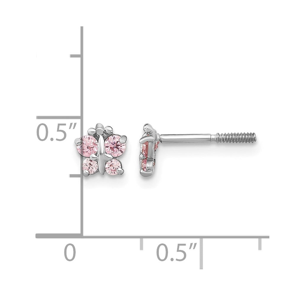 14k White Gold Madi K Polished Pink CZ Butterfly Childrens Screwback Post Earrings