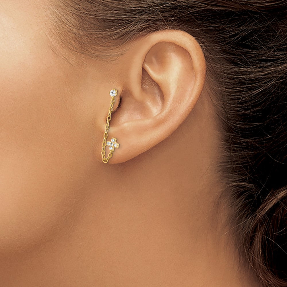 14k Madi K CZ Cross Double Post with Chain Single Earring