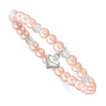 Sterling Silver Puffed Heart 4mm Pink Imitation Shell Pearl and Faceted Clear Crystal Bead Stretch Bracelet with Pink Gift Pouch