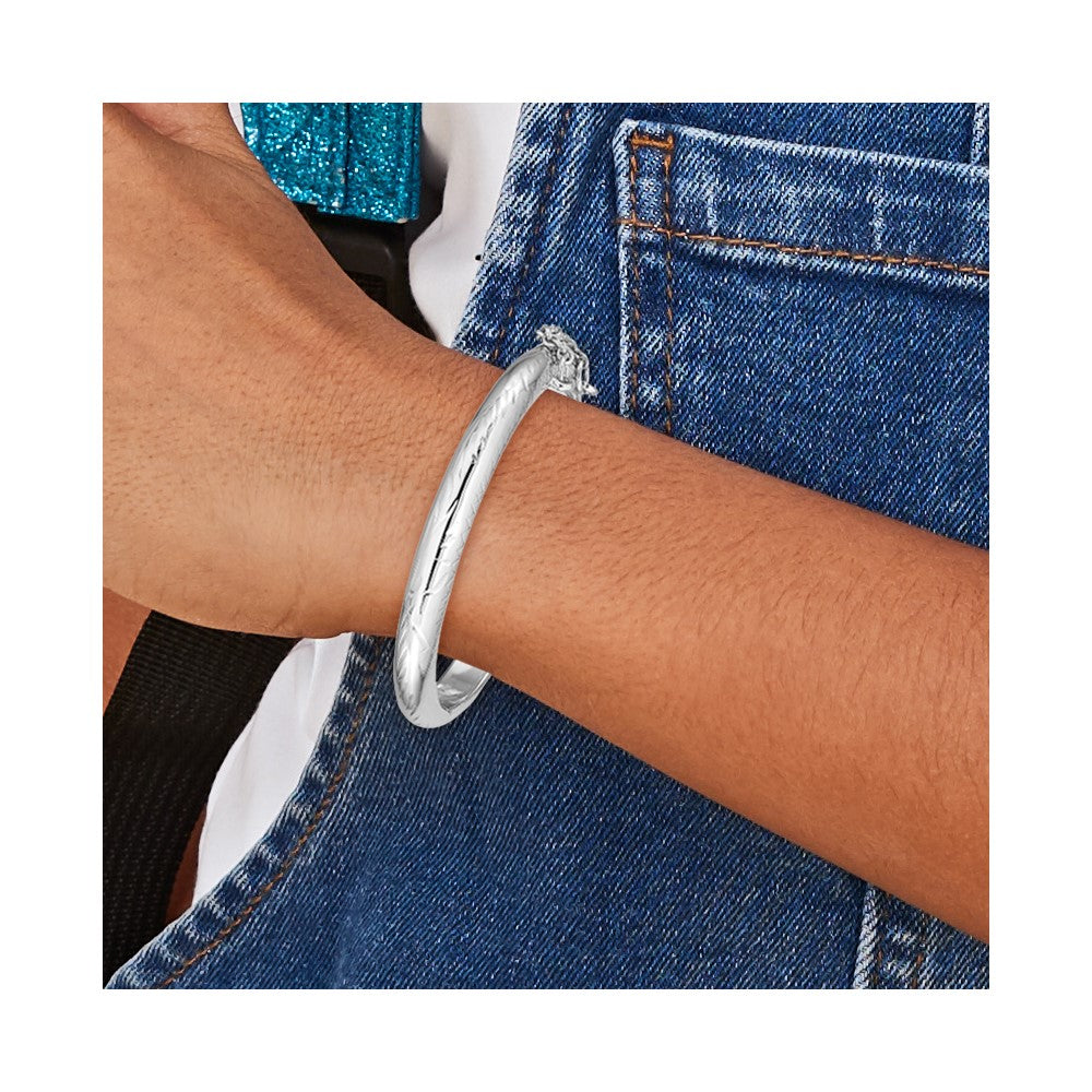 Sterling Silver Rhodium-plated Textured Safety Hinged Baby Bangle with Pink Gift Pouch