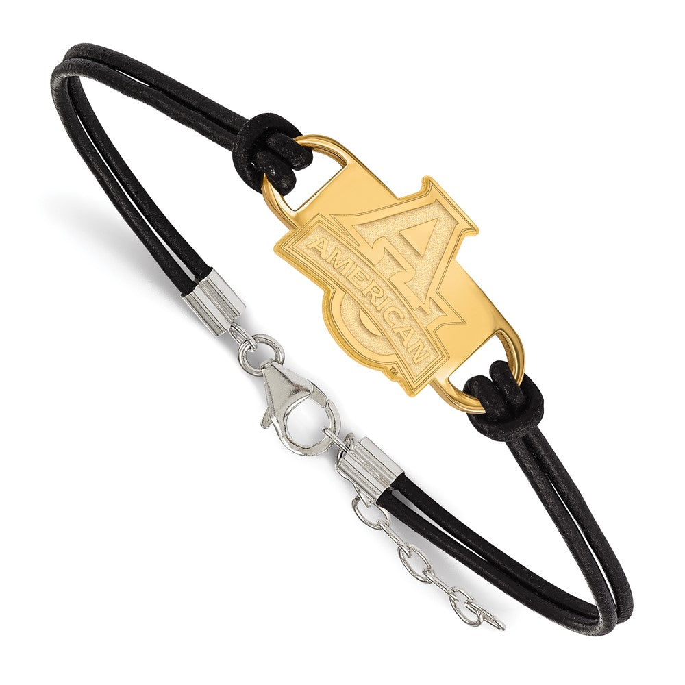 Sterling Silver Gold-plated LogoArt American University Small Center Black Leather 7 inch Bracelet with Extender