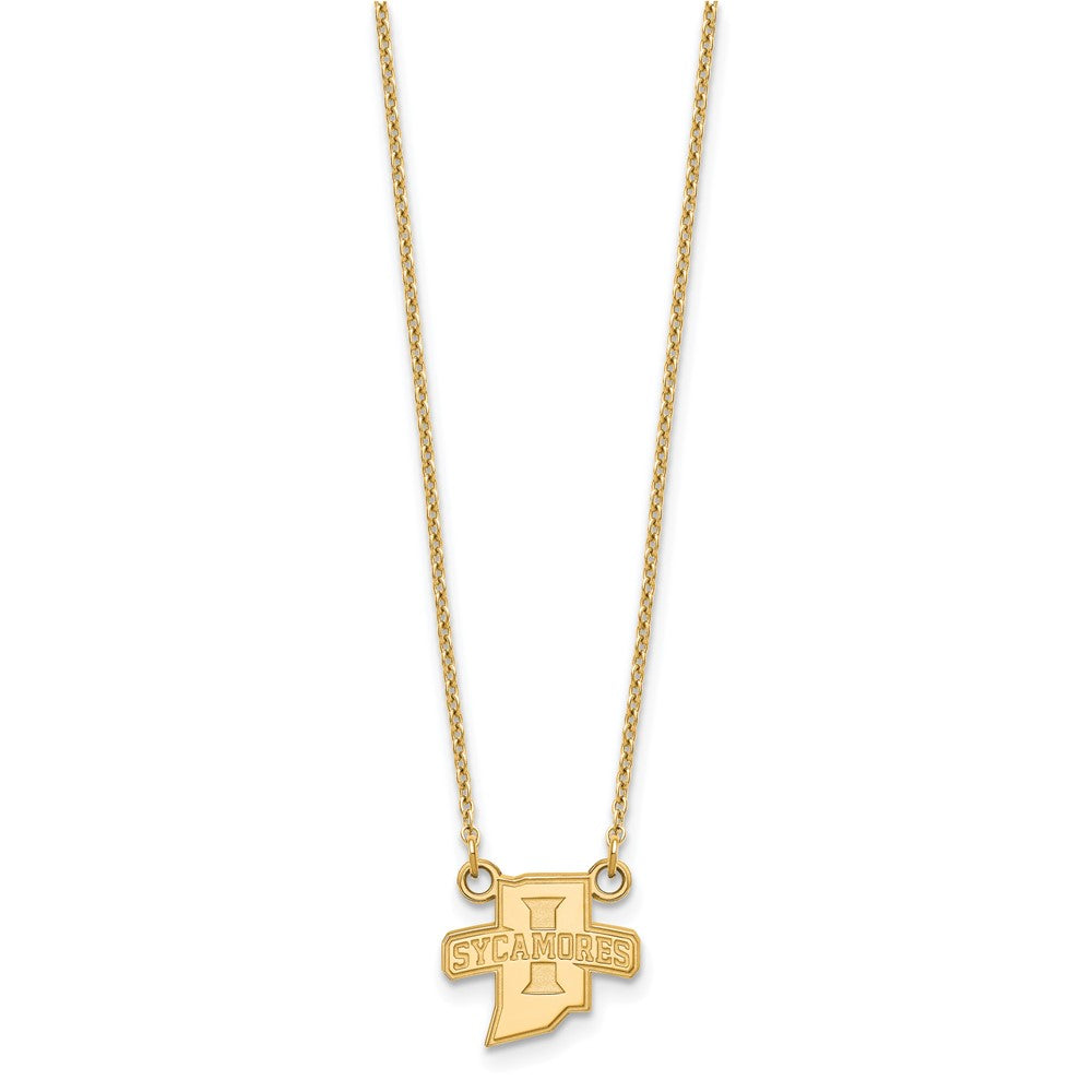 Sterling Silver Gold-plated LogoArt Indiana State University Sycamores Small Pendant 18 inch Necklace