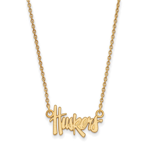 10k Gold LogoArt University of Nebraska Huskers Script Small Pendant 18 inch Necklace