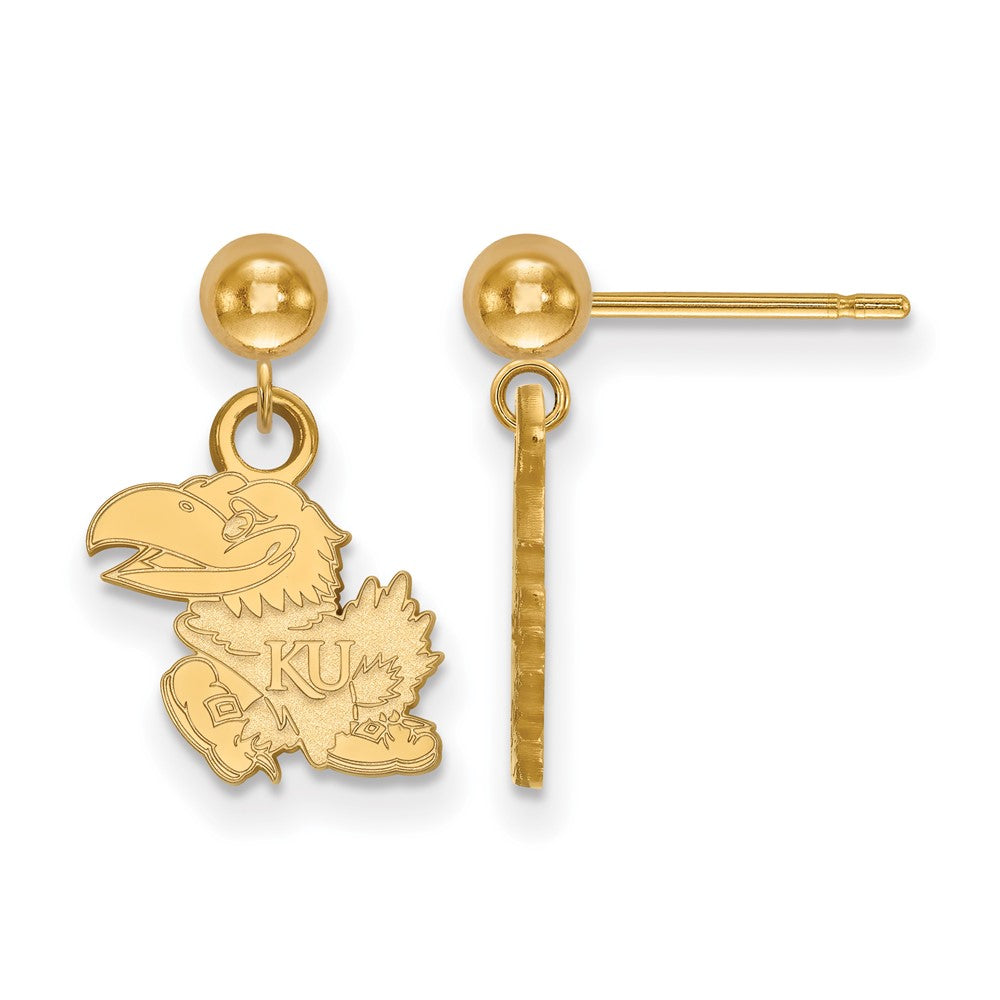 Sterling Silver Gold-plated LogoArt University of Kansas Jayhawk Dangle Ball Post Earrings