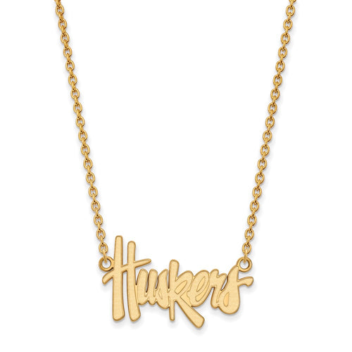 10k Gold LogoArt University of Nebraska Huskers Script Large Pendant 18 inch Necklace