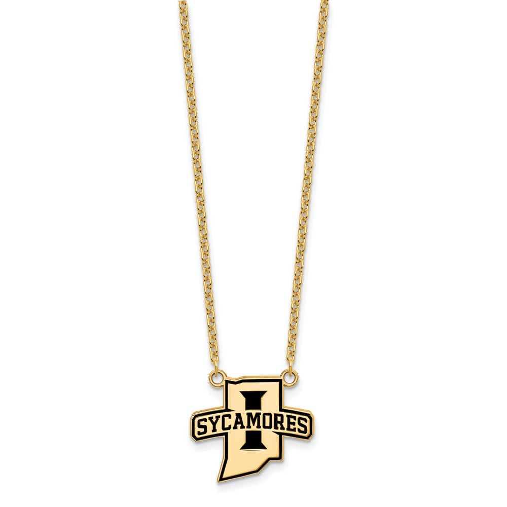 Sterling Silver Gold-plated LogoArt Indiana State University Sycamores Large Enameled Pendant 18 inch Necklace