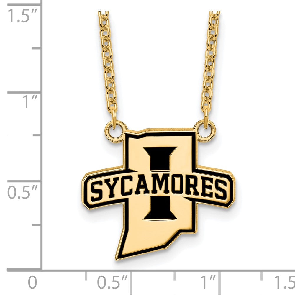 Sterling Silver Gold-plated LogoArt Indiana State University Sycamores Large Enameled Pendant 18 inch Necklace