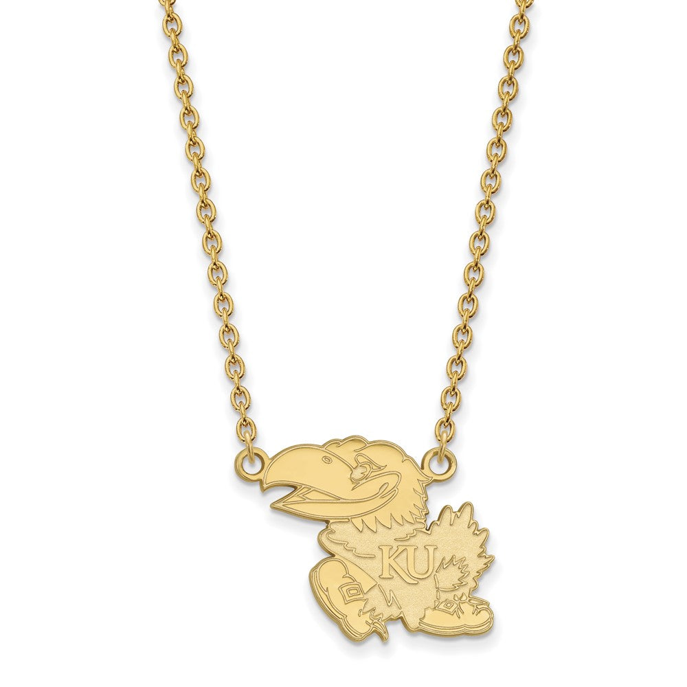 Sterling Silver Gold-plated LogoArt University of Kansas Jayhawk Large Pendant 18 inch Necklace