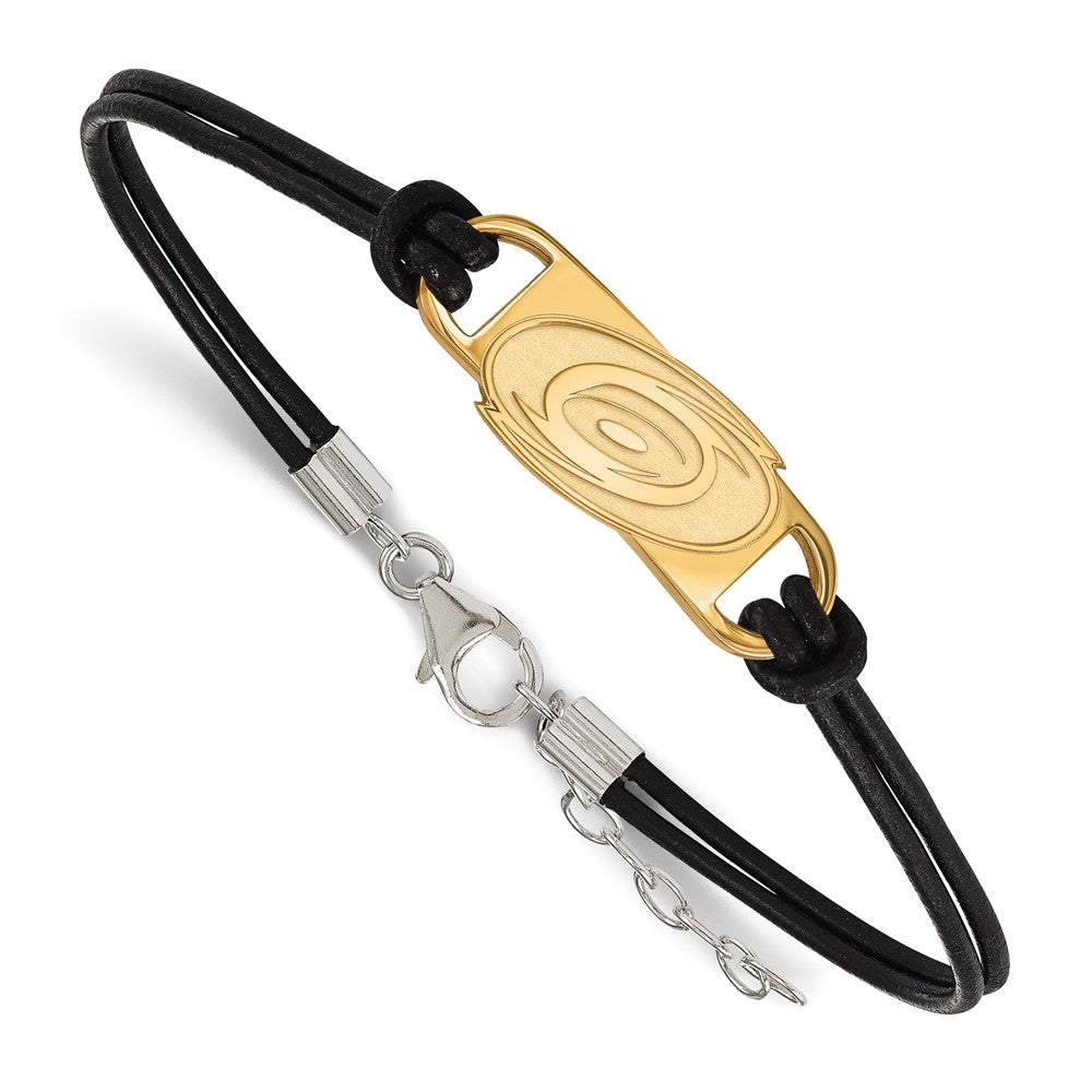 Sterling Silver Gold-plated NHL LogoArt Carolina Hurricanes Small Center Black Leather 7 inch Bracelet with Extender
