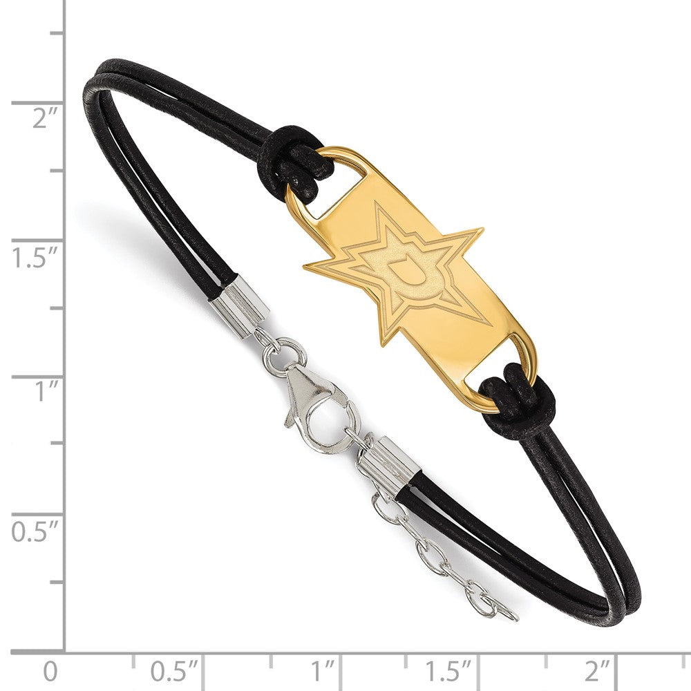 Sterling Silver Gold-plated NHL LogoArt Dallas Stars Small Center Black Leather 7 inch Bracelet with Extender