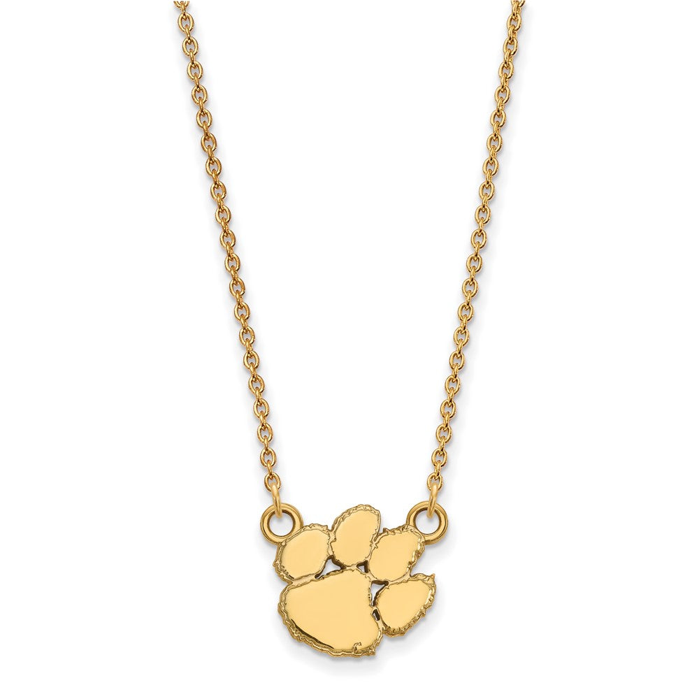 Sterling Silver Gold-plated LogoArt Clemson University Tiger Paw Small Pendant 18 inch Necklace