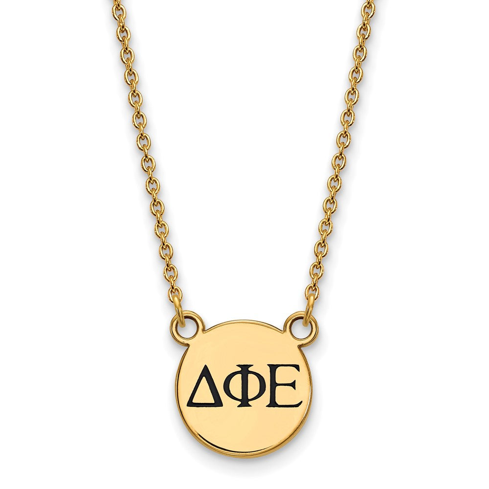 Sterling Silver Gold-plated LogoArt Delta Phi Epsilon Sorority Greek Letters Small Black Enamel Pendant 18 inch Necklace