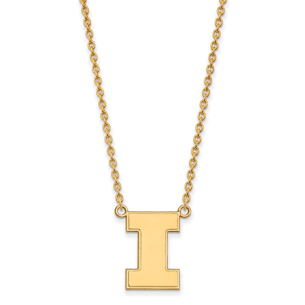 Sterling Silver Gold-plated LogoArt University of Illinois Letter I Large Pendant 18 inch Necklace