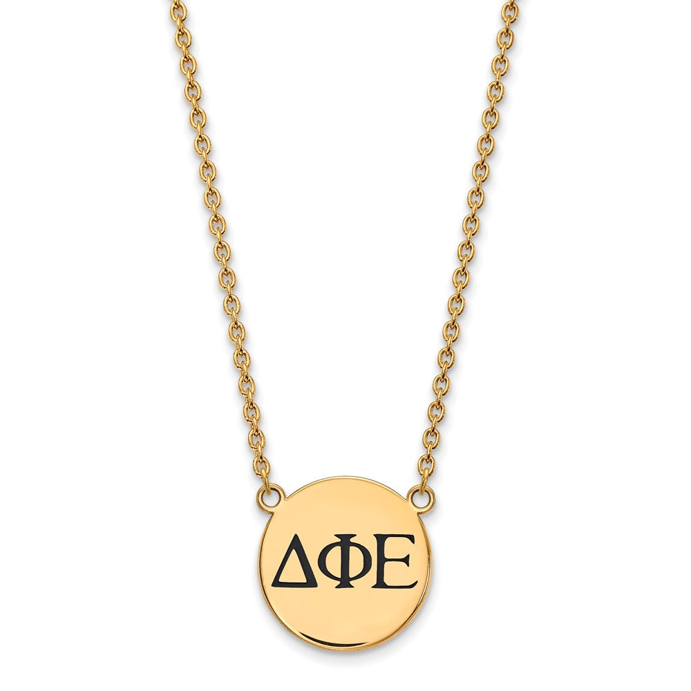 Sterling Silver Gold-plated LogoArt Delta Phi Epsilon Sorority Greek Letters Large Black Enamel Pendant 18 inch Necklace