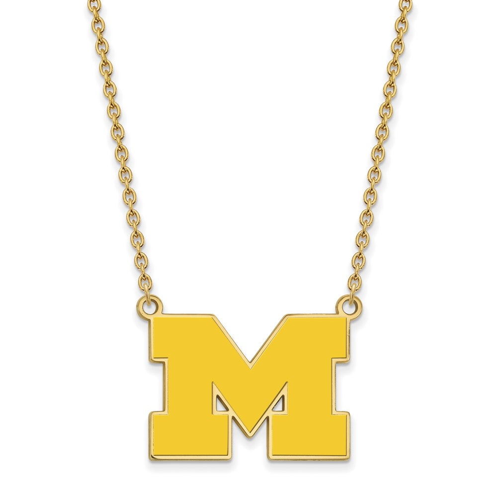 Sterling Silver Gold-plated LogoArt University of Michigan Letter M Large Yellow Enameled Pendant 18 inch Necklace