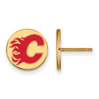 Sterling Silver Gold-plated NHL LogoArt Calgary Flames Small Enamel Disc Post Earrings