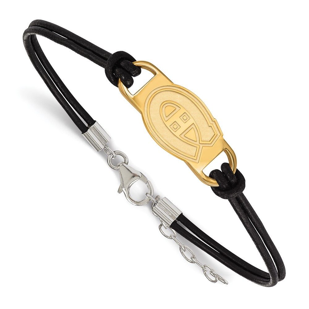 Sterling Silver Gold-plated NHL LogoArt Montreal Canadiens Black Leather 7 inch Bracelet with Extender