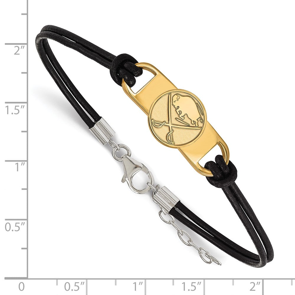 Sterling Silver Gold-plated NHL LogoArt Buffalo Sabres Small Center Black Leather 7 inch Bracelet with Extender
