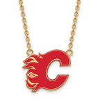 Sterling Silver Gold-plated NHL LogoArt Calgary Flames Letter C Large Enameled Pendant 18 inch Necklace