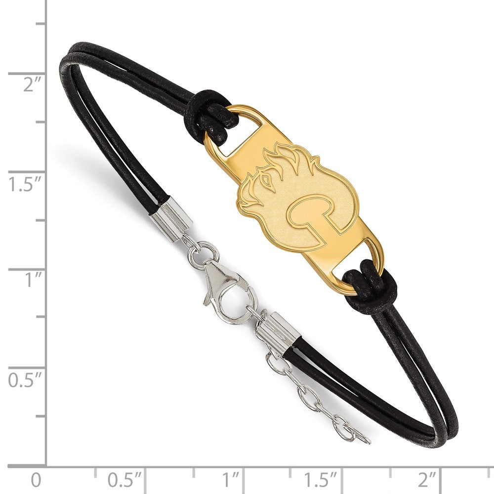 Sterling Silver Gold-plated NHL LogoArt Calgary Flames Letter C Small Center Black Leather 7 inch Bracelet with Extender