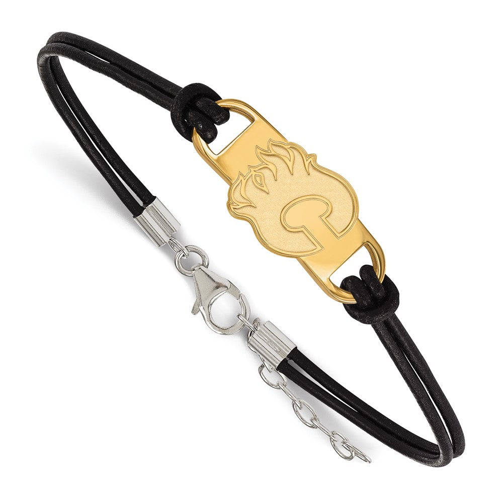 Sterling Silver Gold-plated NHL LogoArt Calgary Flames Letter C Small Center Black Leather 7 inch Bracelet with Extender
