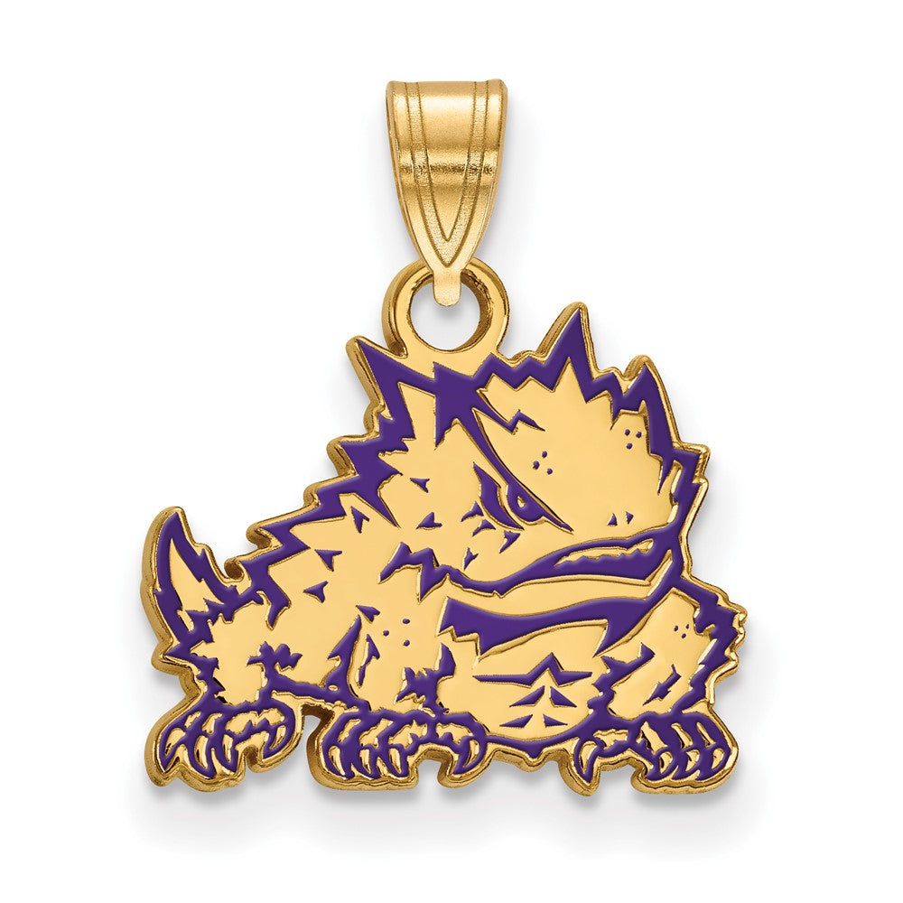 Sterling Silver Gold-plated LogoArt Texas Christian University Horned Frog Small Enameled Pendant