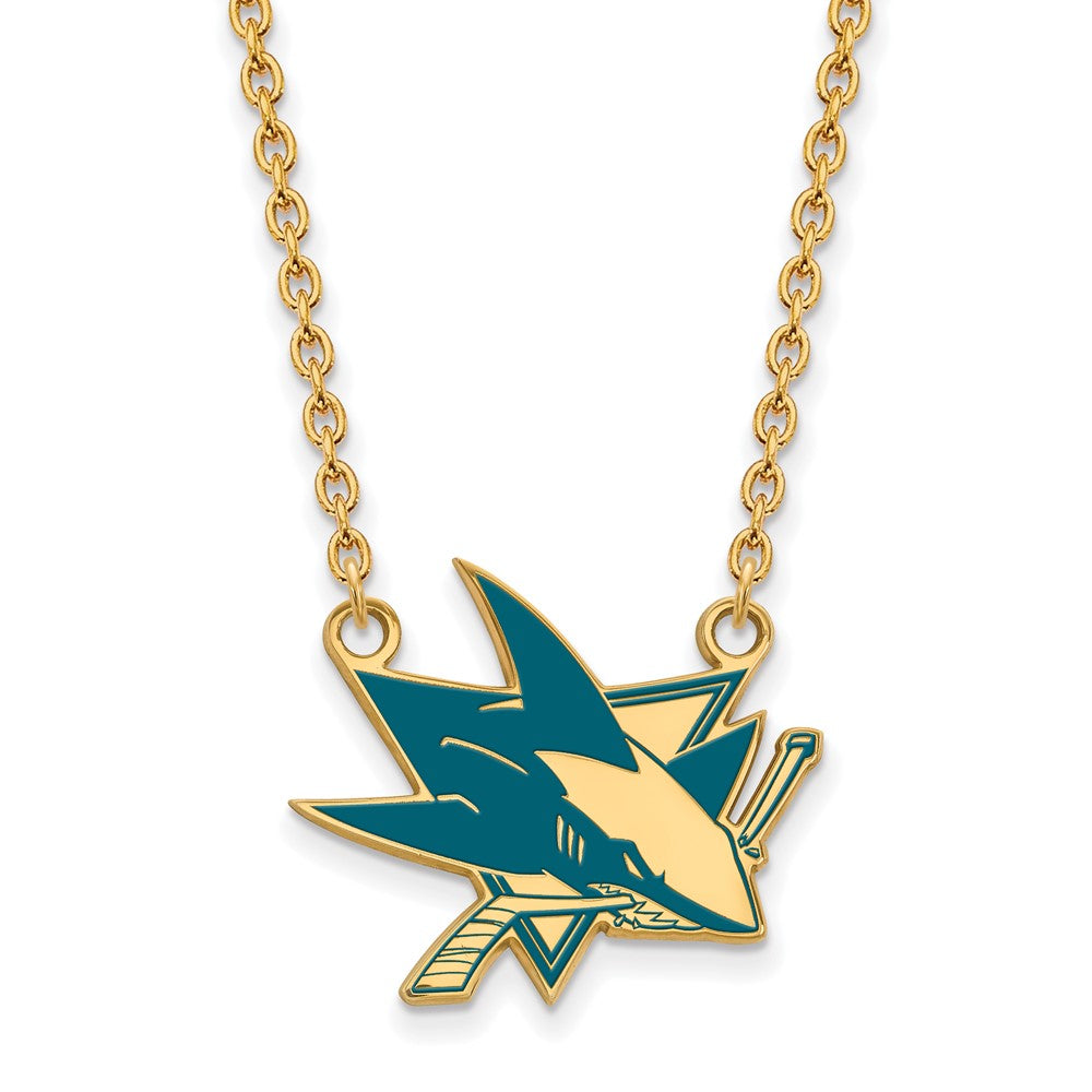 Sterling Silver Gold-plated NHL LogoArt San Jose Sharks Large Enameled Pendant 18 inch Necklace