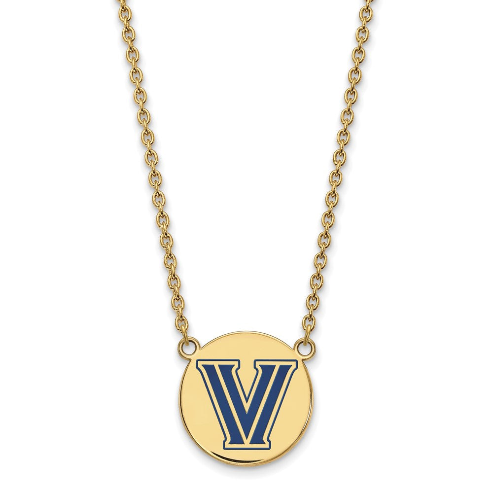 Sterling Silver Gold-plated LogoArt Villanova University Letter V Large Enameled Disc Pendant 18 inch Necklace