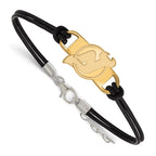 Sterling Silver Gold-plated NHL LogoArt New Jersey Devils Small Center Black Leather 7 inch Bracelet with Extender