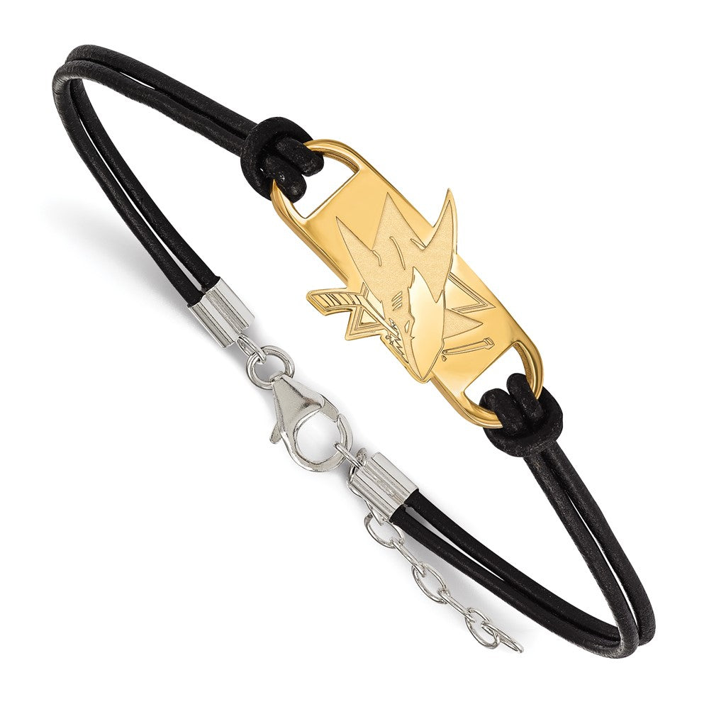 Sterling Silver Gold-plated NHL LogoArt San Jose Sharks Small Center Black Leather 7 inch Bracelet with Extender