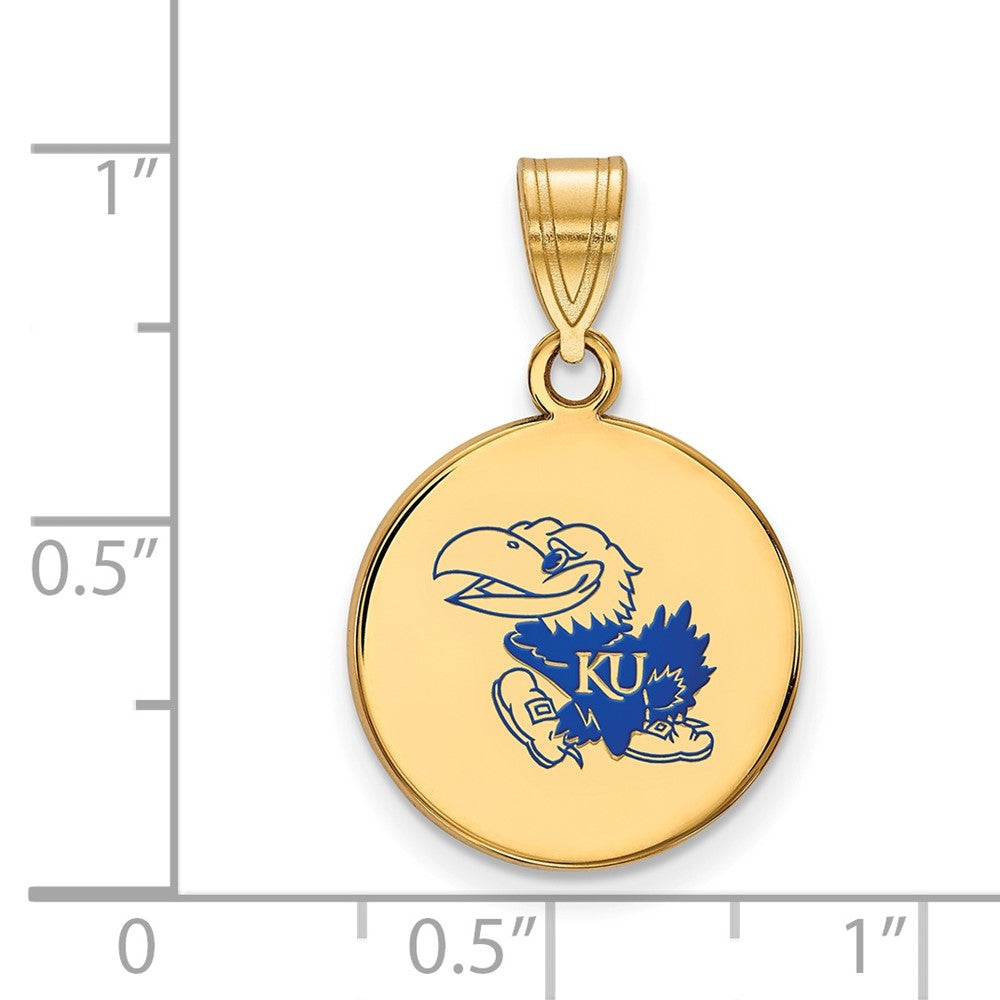 Sterling Silver Gold-plated LogoArt University of Kansas Jayhawk Med Enameled Disc Pendant