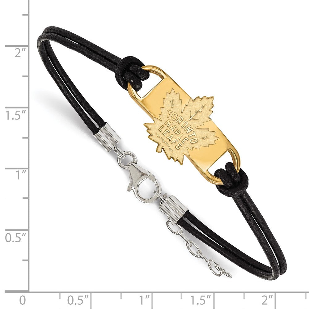 Sterling Silver Gold-plated NHL LogoArt Toronto Maple Leafs Small Center Black Leather 7 inch Bracelet with Extender