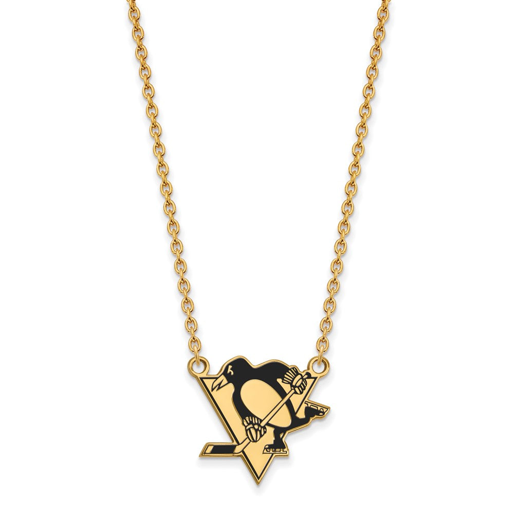 Sterling Silver Gold-plated NHL LogoArt Pittsburgh Penguins Large Enameled Pendant 18 inch Necklace