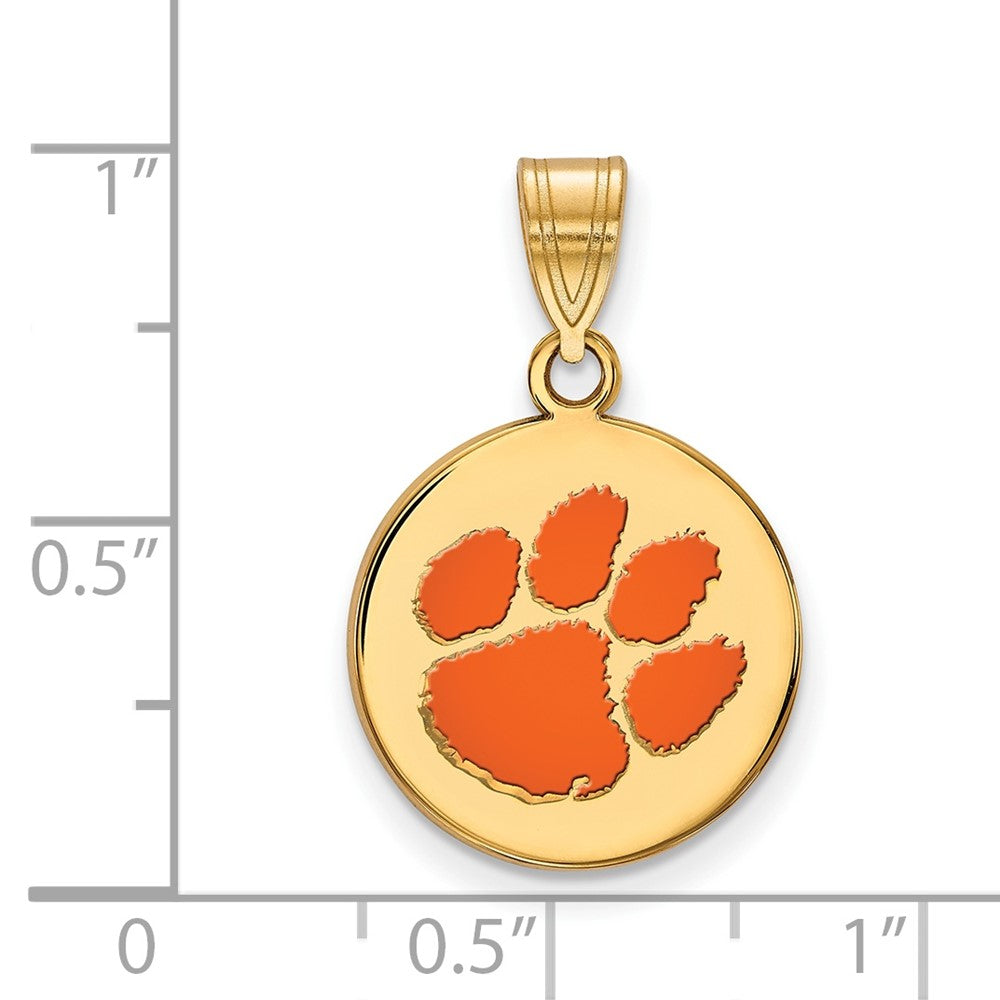 Sterling Silver Gold-plated LogoArt Clemson University Tiger Paw Medium Enameled Disc Pendant
