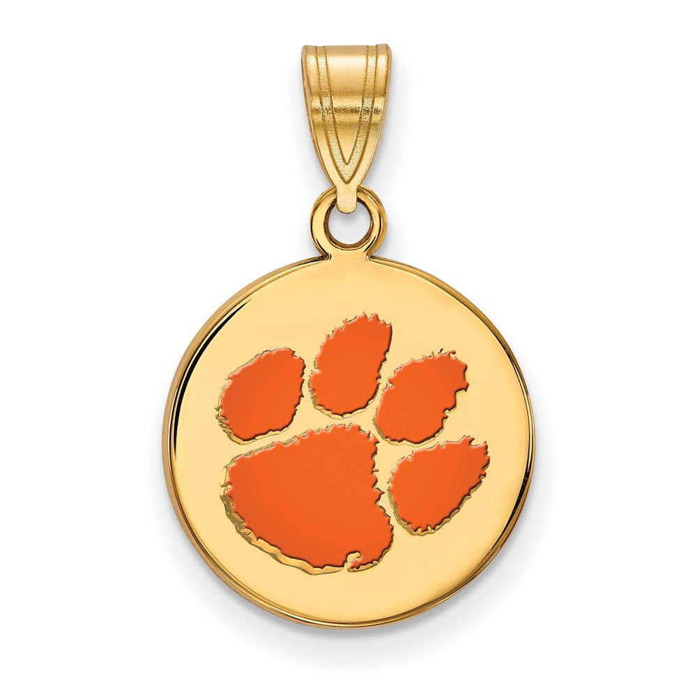 Sterling Silver Gold-plated LogoArt Clemson University Tiger Paw Medium Enameled Disc Pendant