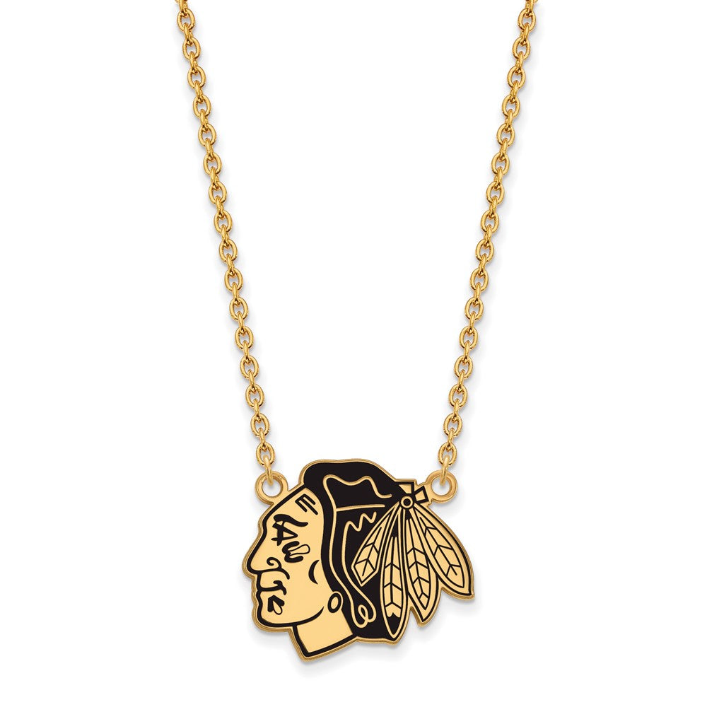 Sterling Silver Gold-plated NHL LogoArt Chicago Blackhawks Large Enameled Pendant 18 inch Necklace